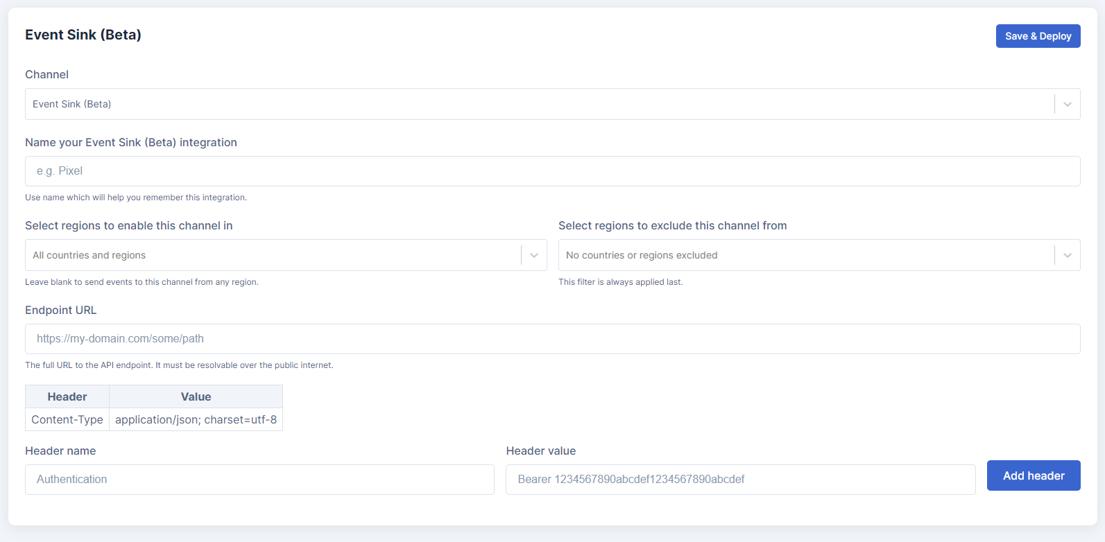 The configuration form for the Event Sink provider channel