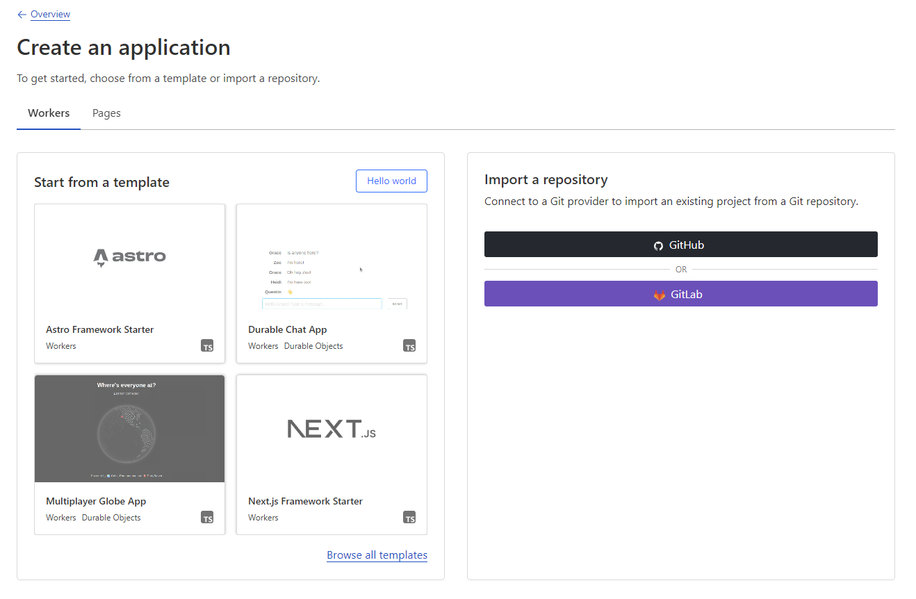 The Cloudflare dashboard worker creation screen