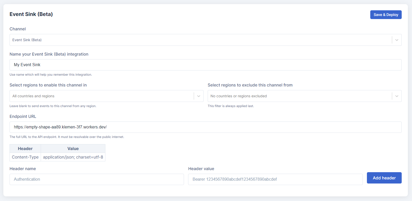 Final configuration example for the Event Sink provider form