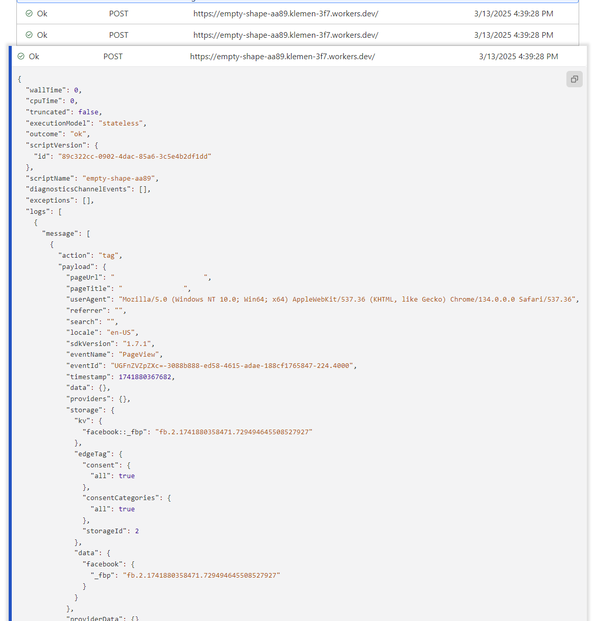 Realtime logs showing the POST request sent by EdgeTag to the configured Cloudflare Worker