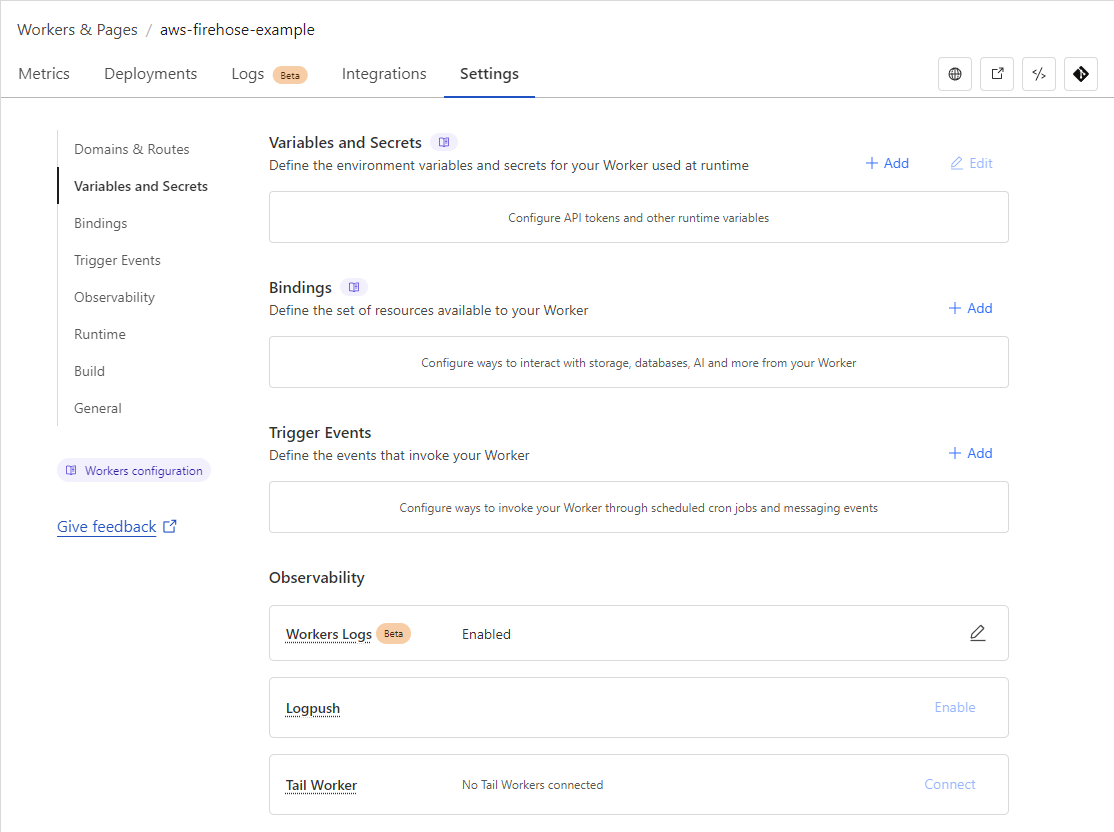 The Variables and Secrets section inside the Settings page for a Cloudflare worker in the CF Dashboard