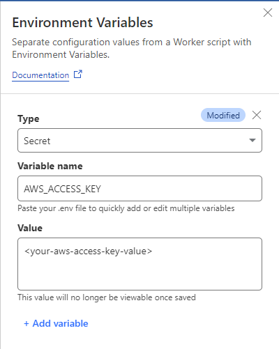 The Add form to create a secret for your Worker