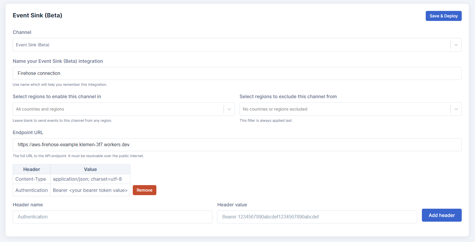 Setting up the Event Sink provider channel with appropriate headers